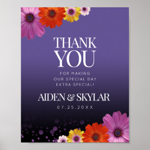 Poster Elegante Daisies Purple Glitter Casamento Obrigado