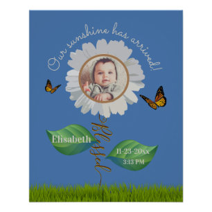 Póster Elegante Daisy Blue Floral Cute Baby Photo e Name