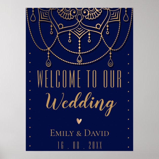 Poster Elegante Desenho Tradicional Indiano Azul Bem-Vind (Frente)