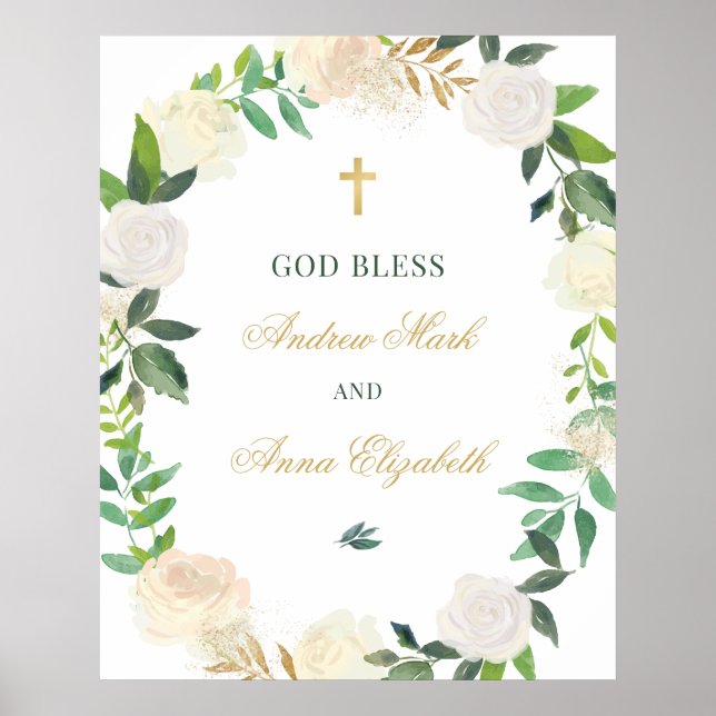 Poster Elegante Deus abençoe Floral Greenery Wreath Custo (Frente)