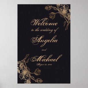 Poster Elegante Dourado Chic Falso Metal Floral Casamento
