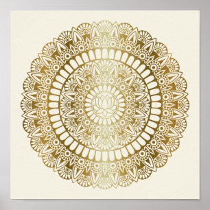 Poster Elegante Dourado em Cream Lotus Henna Mandala Impr