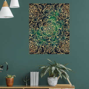 Poster Elegante Dourado Mandala Floral Verde Azul