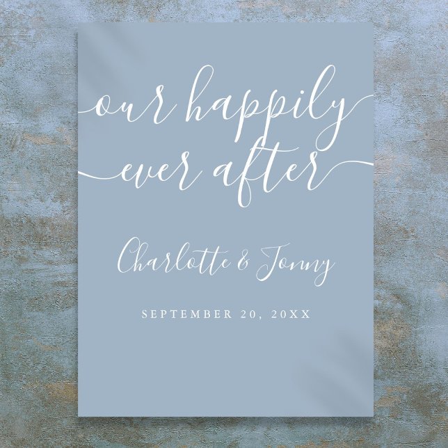 Poster Elegante Dusty Azul Feliz Depois Do Sinal De Casam (Elegant Dusty Blue Happily Ever After Wedding Sign)