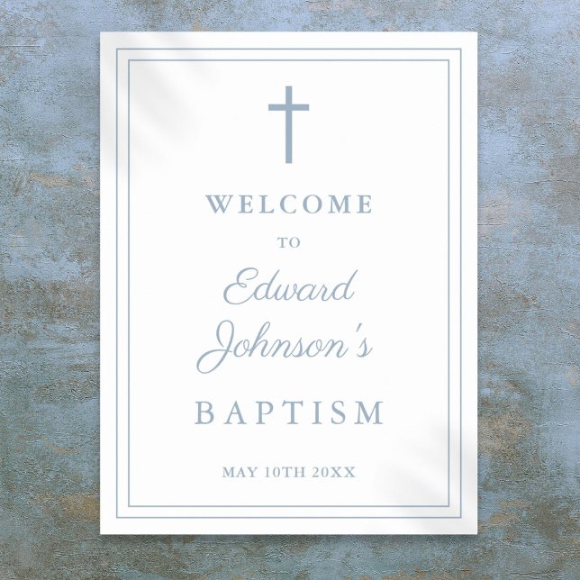 Poster Elegante Dusty Blue Border Sinal de boas-vindas (Elegant Dusty Blue Border Baptism Welcome Sign)