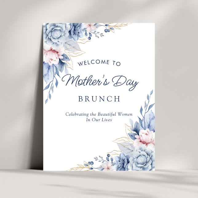 Póster Elegante e Chic Azul Boas-Vindas Brunch do Dia das (Criador carregado)
