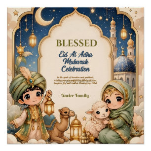 Póster Elegante Eid Al Adha Crianças Fofas Lanterna Doura