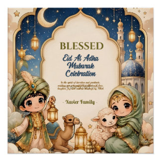 Póster Elegante Eid Al Adha Crianças Fofas Lanterna Doura