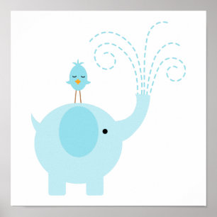Póster Elegante Elefante Azul e Passarinho
