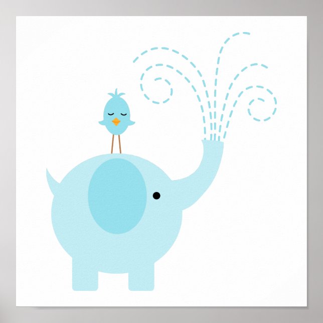 Póster Elegante Elefante Azul e Pássaro (Frente)
