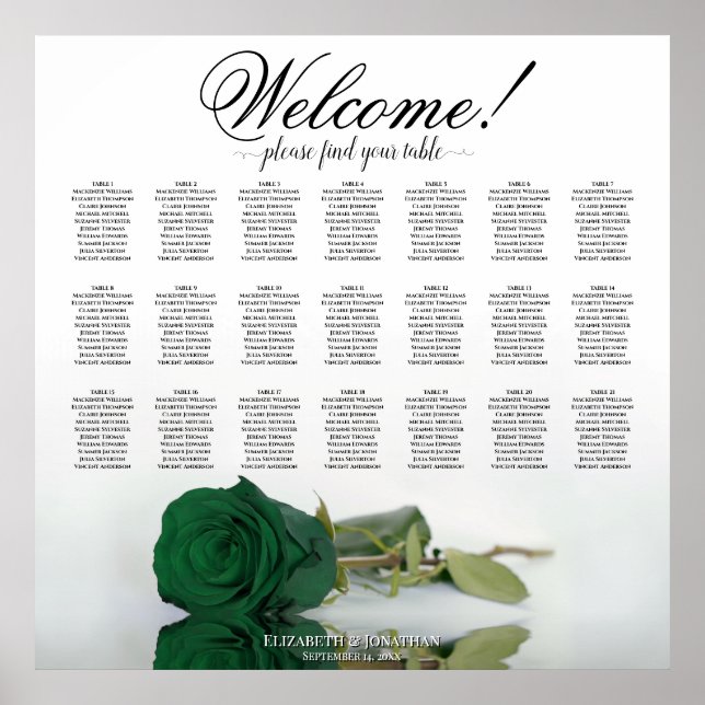 Poster Elegante Emerald Green Rosa 21 Mesa Seating Chart (Frente)