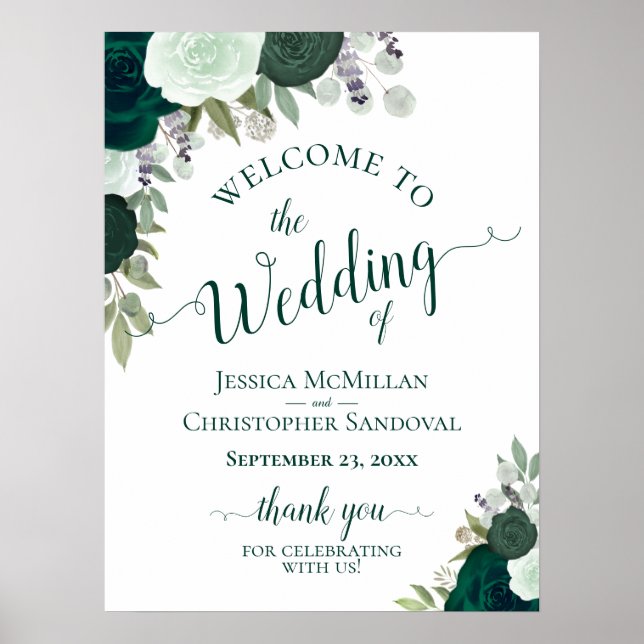 Poster Elegante Emerald Green Rosas Boho Wedding Welcome (Frente)