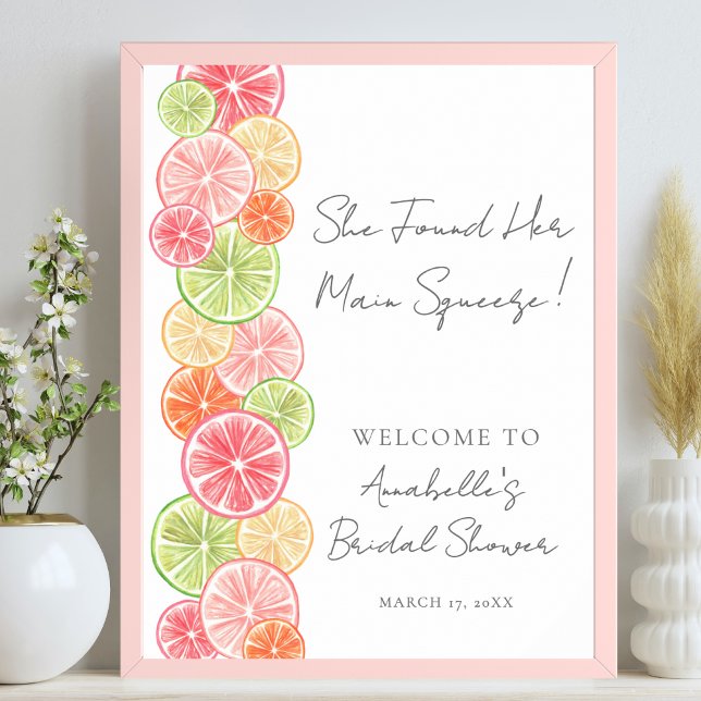 Poster Elegante Espremedura de Citros Boas-Vindas para Ch (Elegant Main Squeeze Citrus Bridal Shower Welcome Poster )