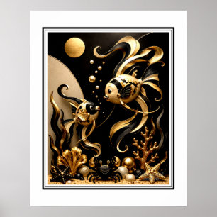 Poster Elegante Fantasia de Peixes Dourados Preto e Doura