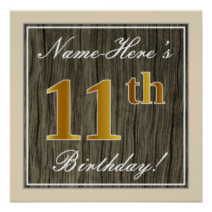 Póster Elegante, Faux Wood, Faux Dourada 11 Birthday + No