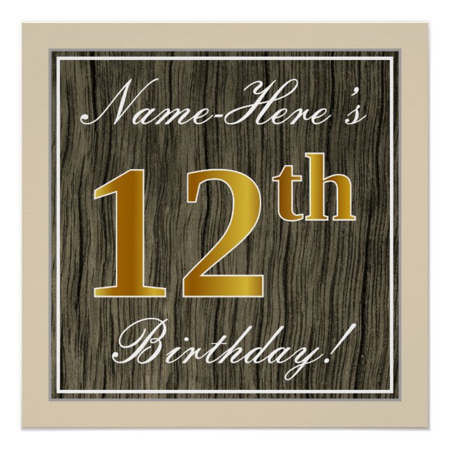 Póster Elegante, Faux Wood, Faux Dourada 12 Birthday + No (Frente)