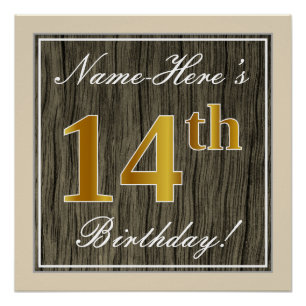 Póster Elegante, Faux Wood, Faux Dourada 14 Birthday + No
