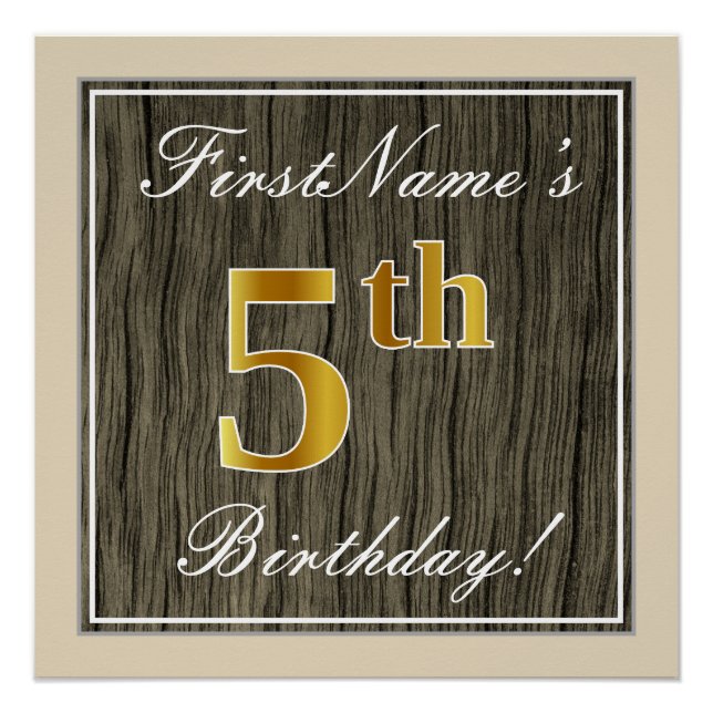 Póster Elegante, Faux Wood, Faux Dourada 5 Birthday + Nom (Frente)