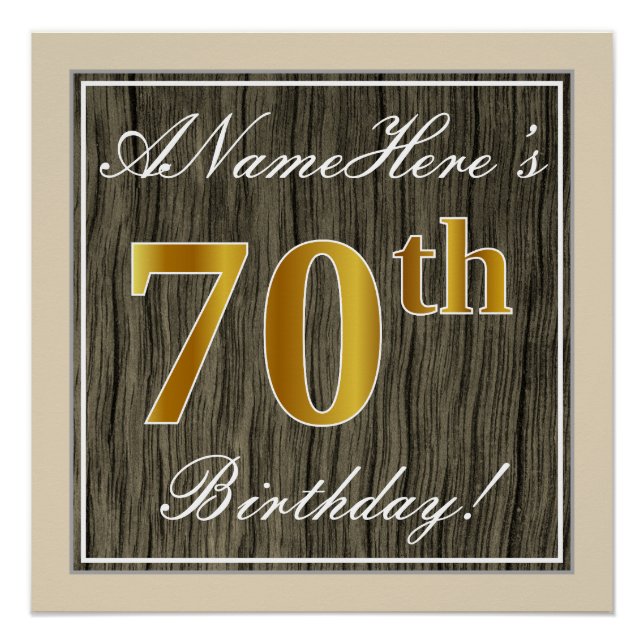 Póster Elegante, Faux Wood, Faux Dourada 70 Birthday + No (Frente)