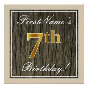 Póster Elegante, Faux Wood, Faux Dourada 7 Birthday + Nom