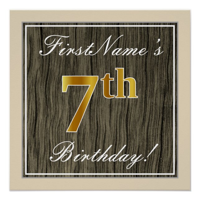 Póster Elegante, Faux Wood, Faux Dourada 7 Birthday + Nom (Frente)