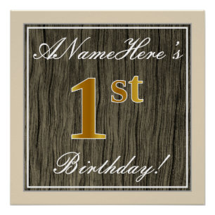 Póster Elegante, Faux Wood, Faux Dourada primeiro anivers