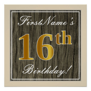 Póster Elegante, Faux Wood, Faux Dourado 16º Aniversário