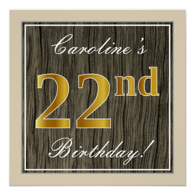 Póster Elegante, Faux Wood, Faux Dourado 22º Aniversário  (Frente)