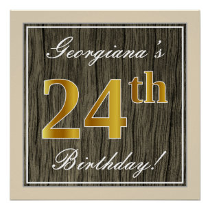 Póster Elegante, Faux Wood, Faux Dourado 24.º Aniversário
