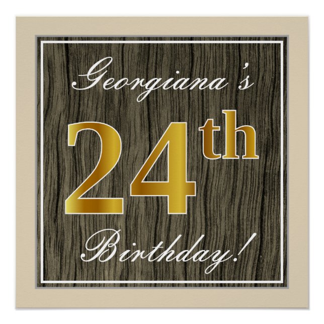 Póster Elegante, Faux Wood, Faux Dourado 24.º Aniversário (Frente)