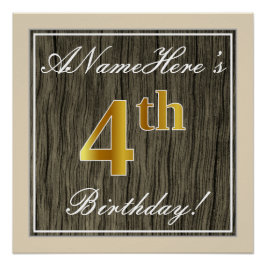 Póster Elegante, Faux Wood, Faux Dourado 4º Aniversário +