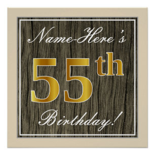 Póster Elegante, Faux Wood, Faux Dourado 55.o aniversário