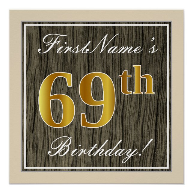 Póster Elegante, Faux Wood, Faux Dourado 69º Aniversário  (Frente)