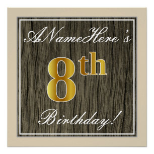 Póster Elegante, Faux Wood, Faux Dourado 8.º Aniversário