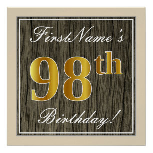 Póster Elegante, Faux Wood, Faux Dourado 98.º Aniversário