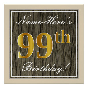 Póster Elegante, Faux Wood, Faux Dourado 99º Aniversári