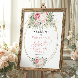 Poster Elegante flor de blush dourado boho sweet sixteen