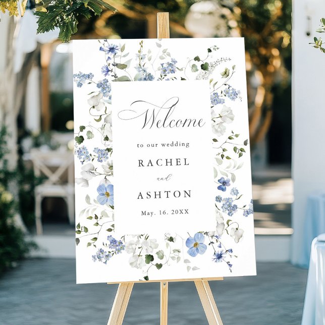 Poster Elegante Flor de Casamento Azul Branco Verde Bem-v (Criador carregado)