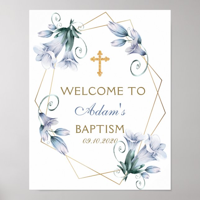 Poster Elegante Floral Blue Boy Baptism Bem-vindo (Frente)