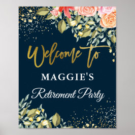 Poster Elegante Floral Blue Dourado Retirement Party Bem-