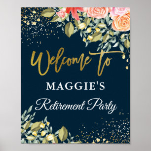 Poster Elegante Floral Blue Dourado Retirement Party Bem-