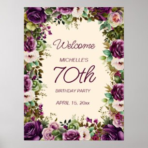 Poster Elegante Floral de Aquarela Roxa Aniversário de 70