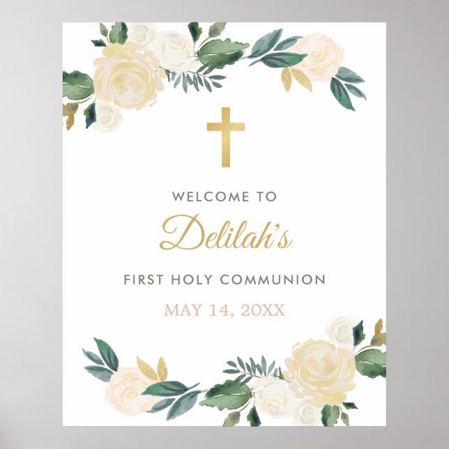 Poster Elegante Floral Greenery Wreath Primeira Comunhão (Frente)