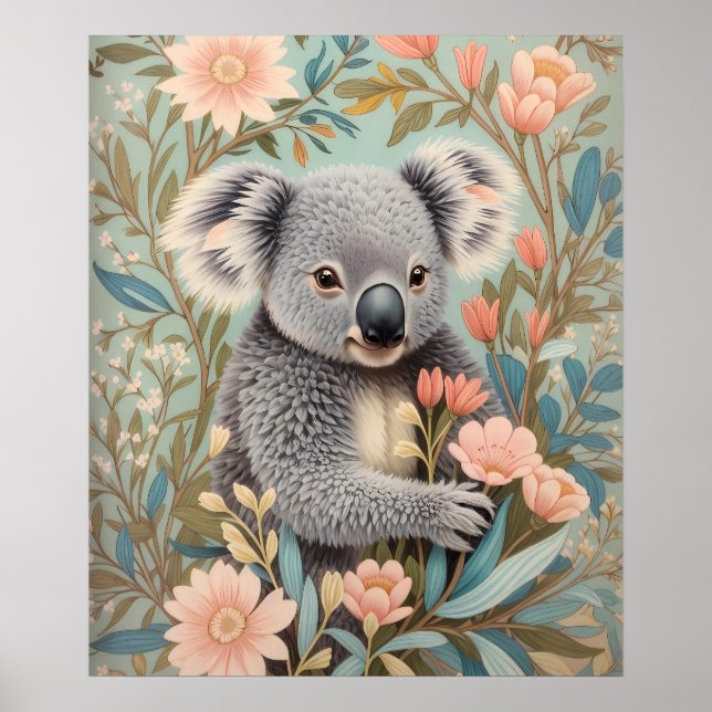 Poster Elegante Floral Pastel Adorável Coala (Frente)