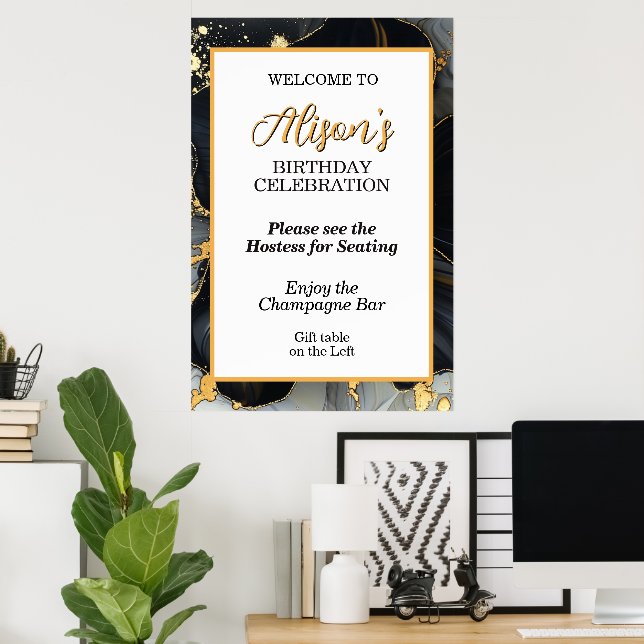 Poster Elegante Floral Preto e Dourado (Escritório em casa)