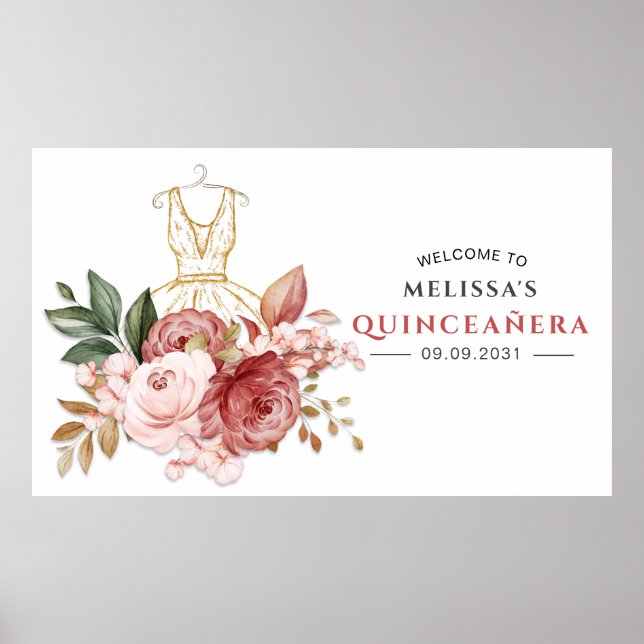 Poster Elegante Floral Quinceanera 15 Birthday (Frente)