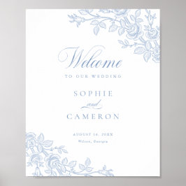 Poster Elegante Floral Vintage Azul Poeirento Bem-Vindo C
