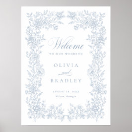Poster Elegante Floral Vintage Azul Poeirento Bem-Vindo C
