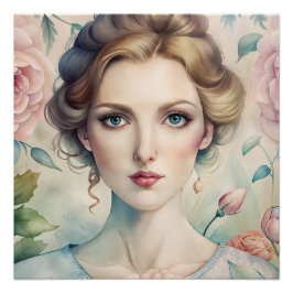 Póster Elegante Floral Vintage Retrato brilhante Poster