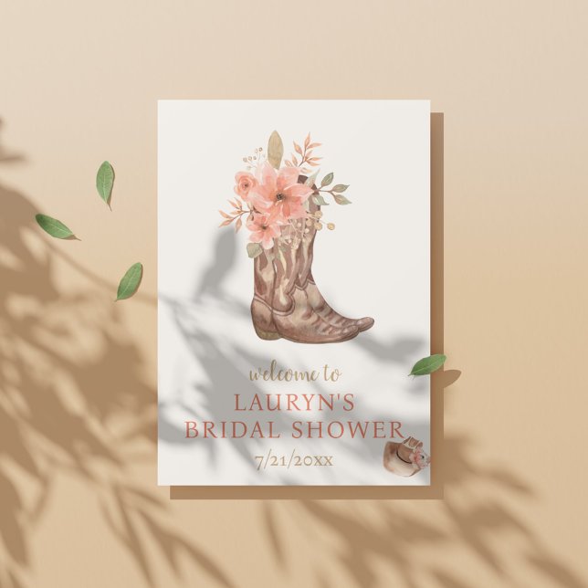 Poster Elegante Flores Chá de panela de Vaca Bem-vinda (Elegant Flowers Cowgirl Bridal Shower Welcome Poster)